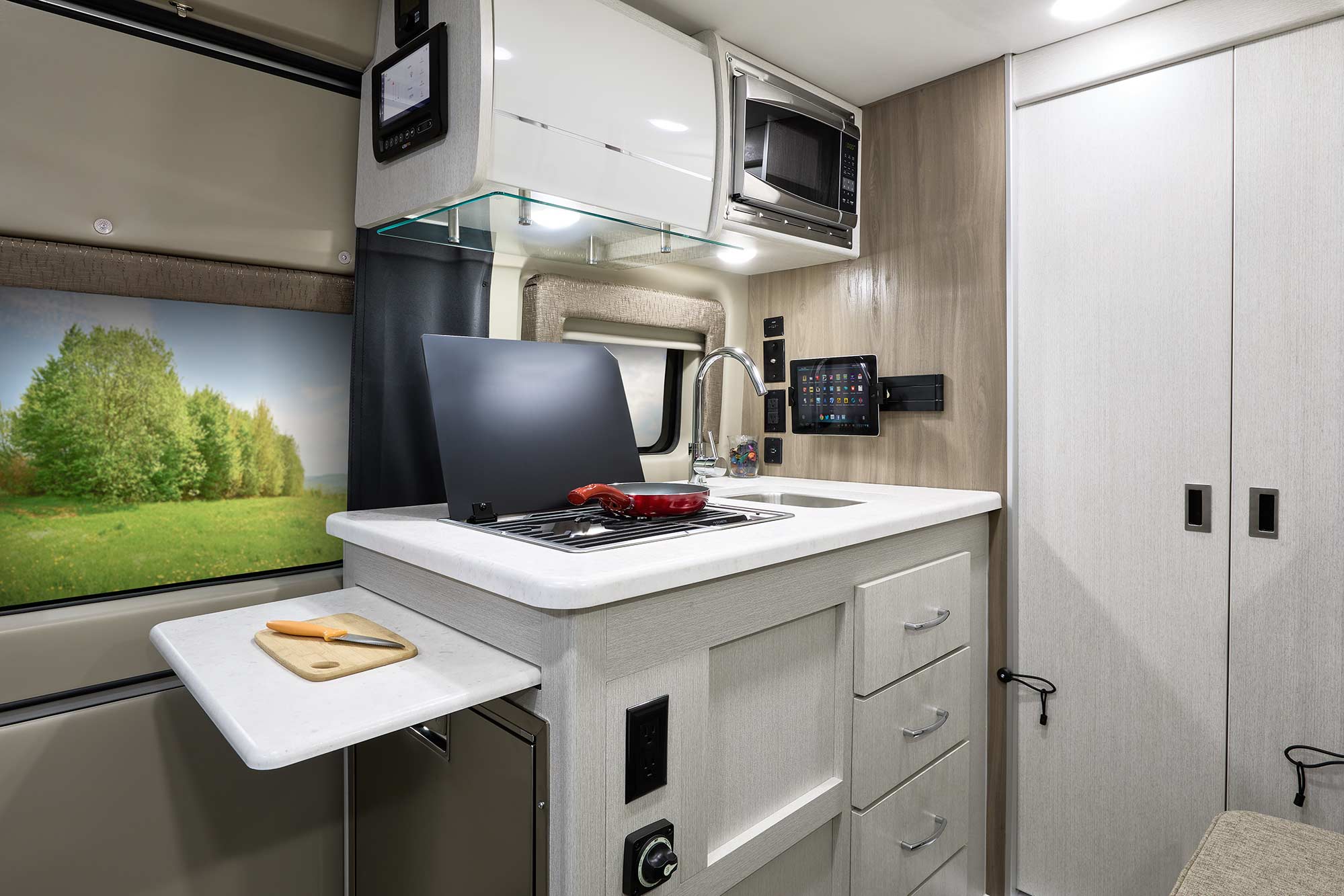 2022 Thor Rize Class B RV 18M Kitchen - Crisp Linen Modern White Cabinetry