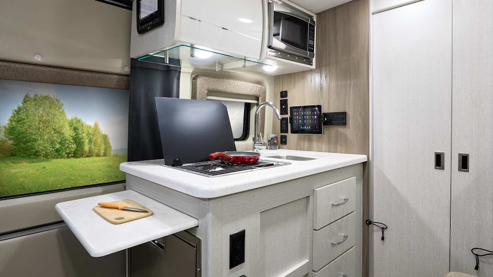 2022 Thor Rize Class B RV 18M Kitchen - Crisp Linen Modern White Cabinetry