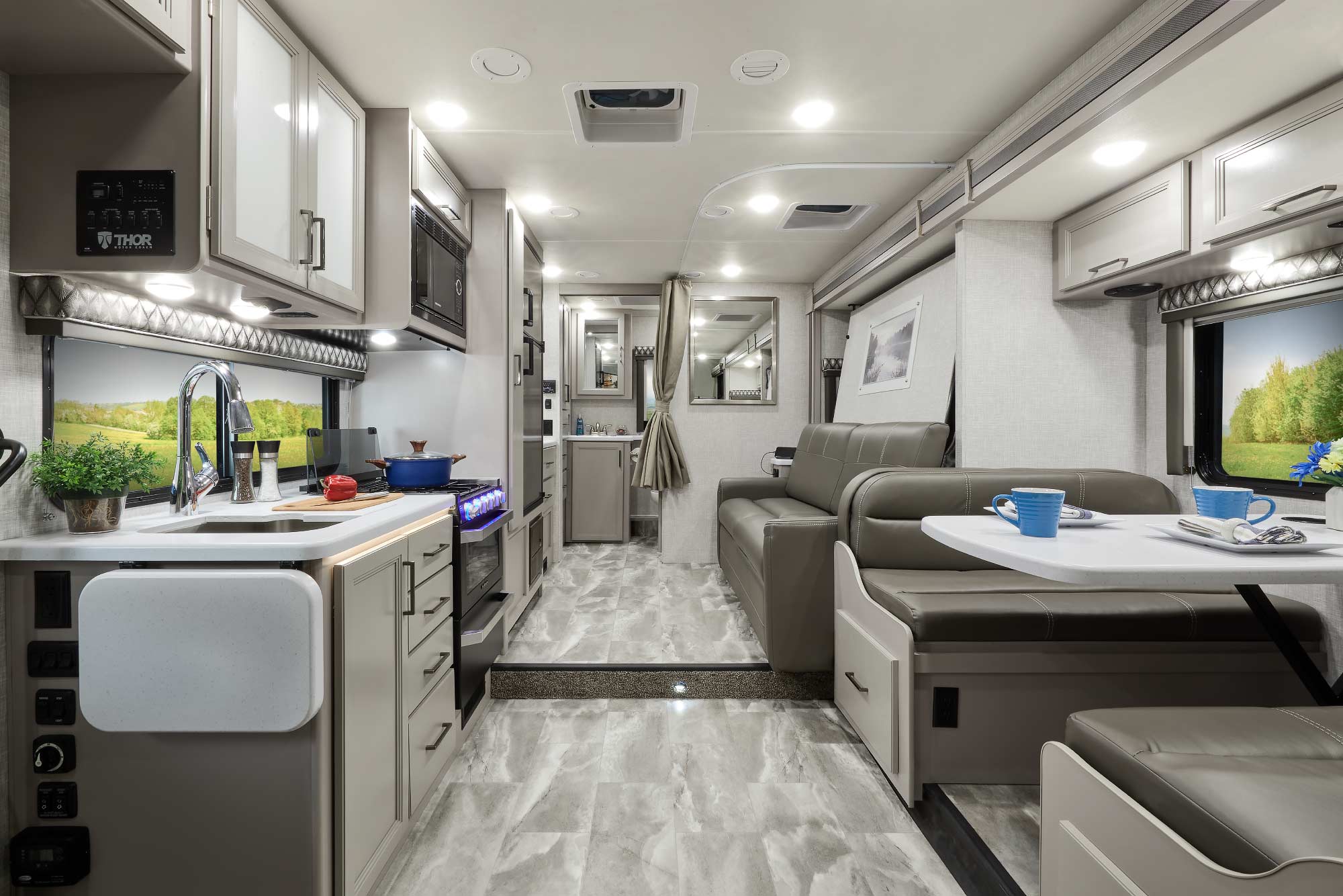 2022 Thor Quantum LC Class C RV LC25 Front to Back - Luxury Collection™ Charcoal Diamond Coastline Grey Cabinetry