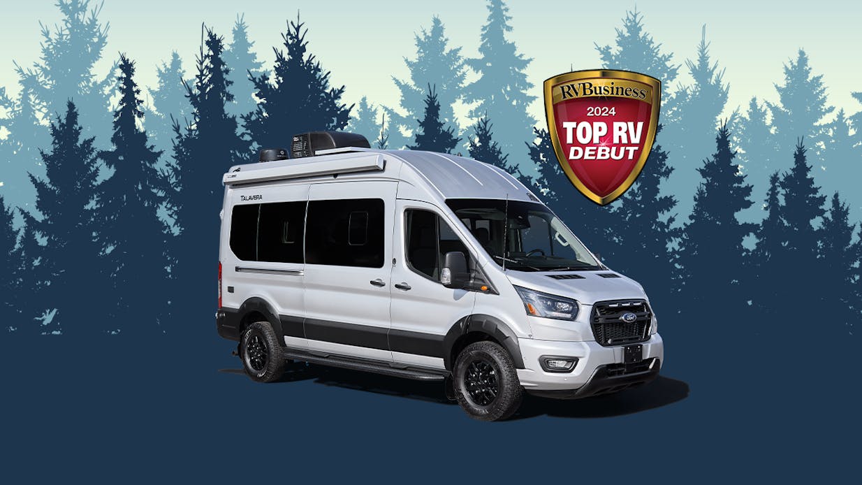 2024 Talavera with blue tree background and Top RV Debut badge