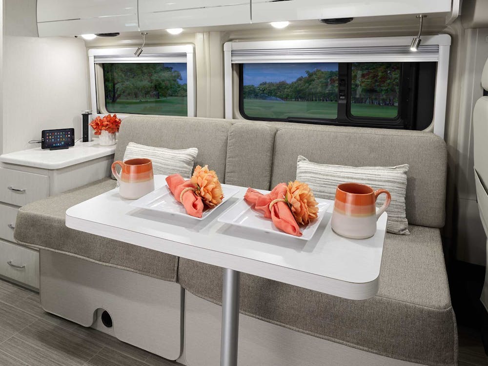 2021 Thor Tellaro Class B RV 20K Conversion Sofa Bed Removable Table - Crisp Linen Modern White Cabinetry