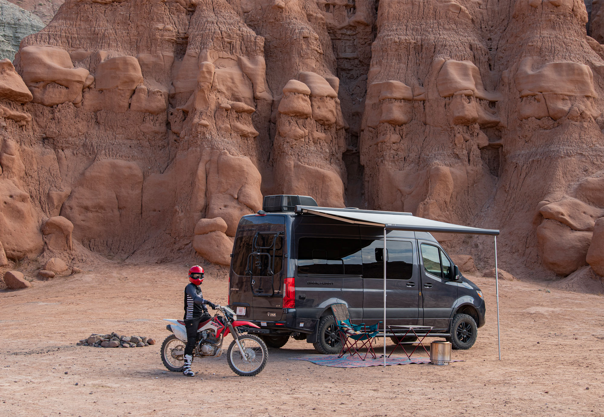 2022 Thor Sanctuary Sprinter Van Lifestyle Kalen Thorien corporate photo shoot kalen on motorcycle in utah 