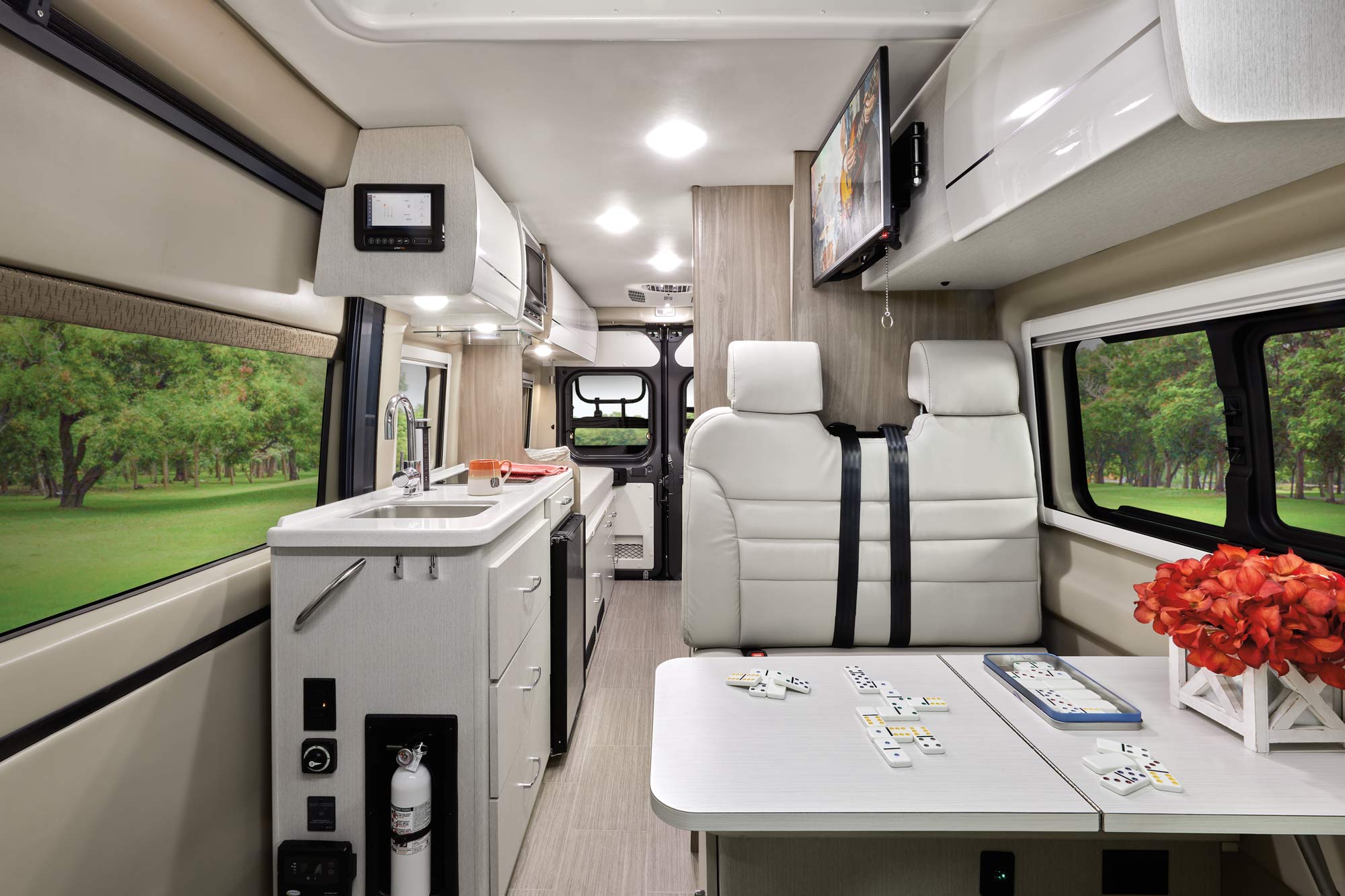 Class B RV with pop top interior