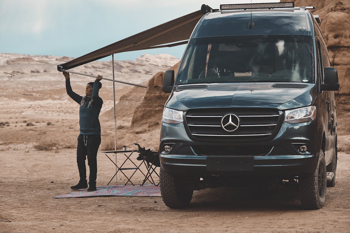 2021 Sanctuary Mercedes Sprinter Van Sprinter RV lifestyle kalen thorien shoot in utah awning assembly