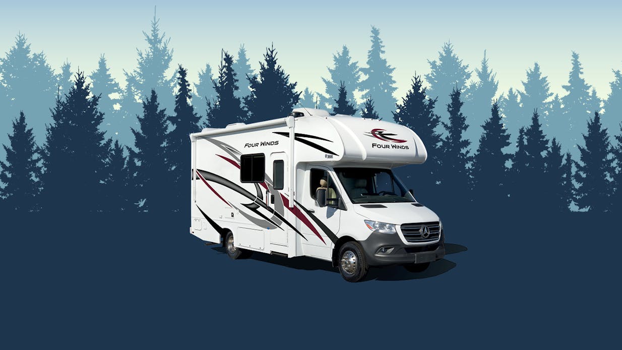 2023 Four Winds Sprinter Class C Motorhome with tree design in the background