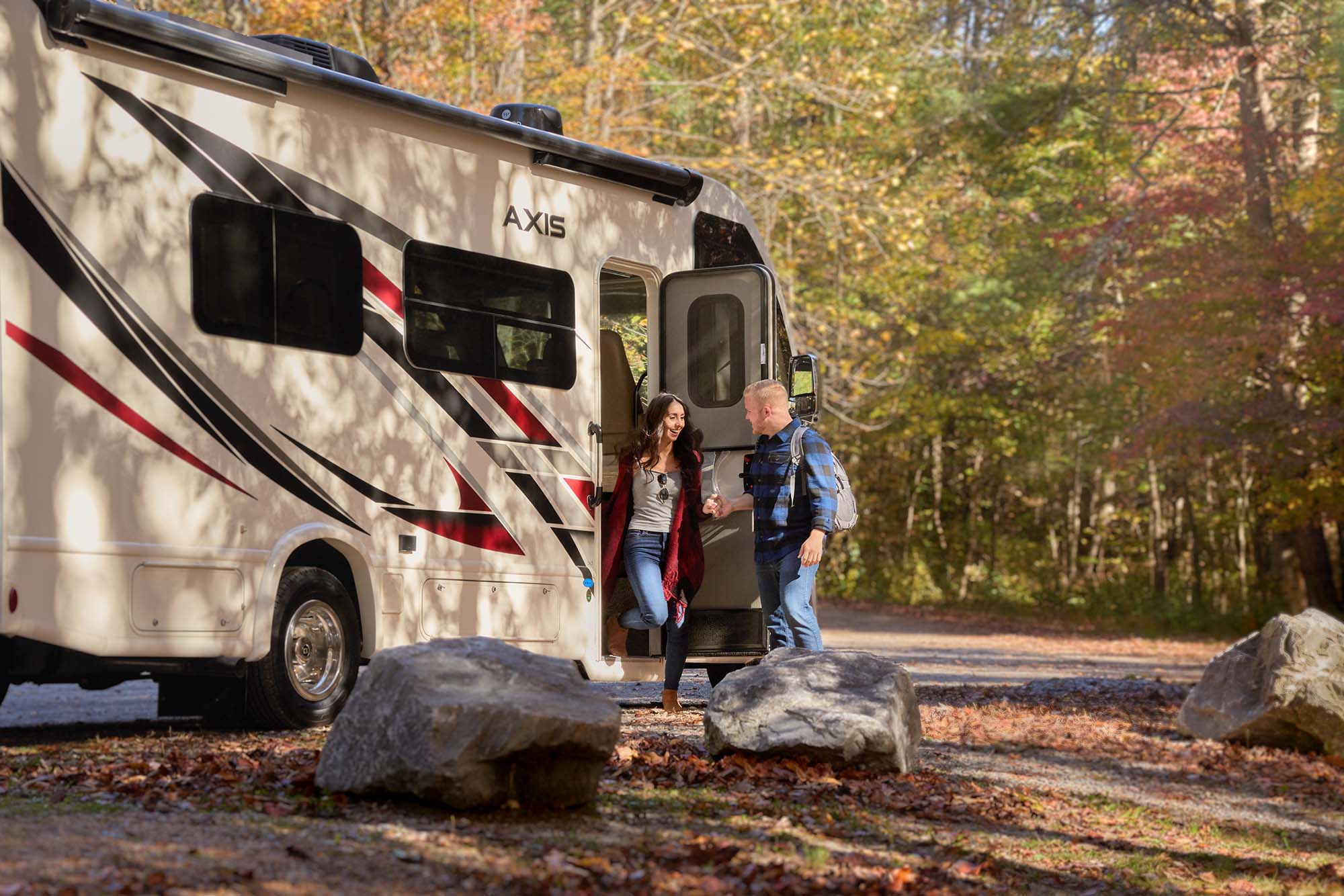 2022 Axis Class A RV Lifestyle Tennessee Fall Leaves Entry Door