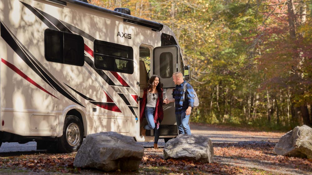 2022 Axis Class A RV Lifestyle Tennessee Fall Leaves Entry Door