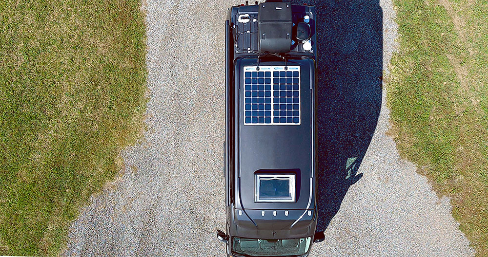 Overhead view of a camper van with solar power