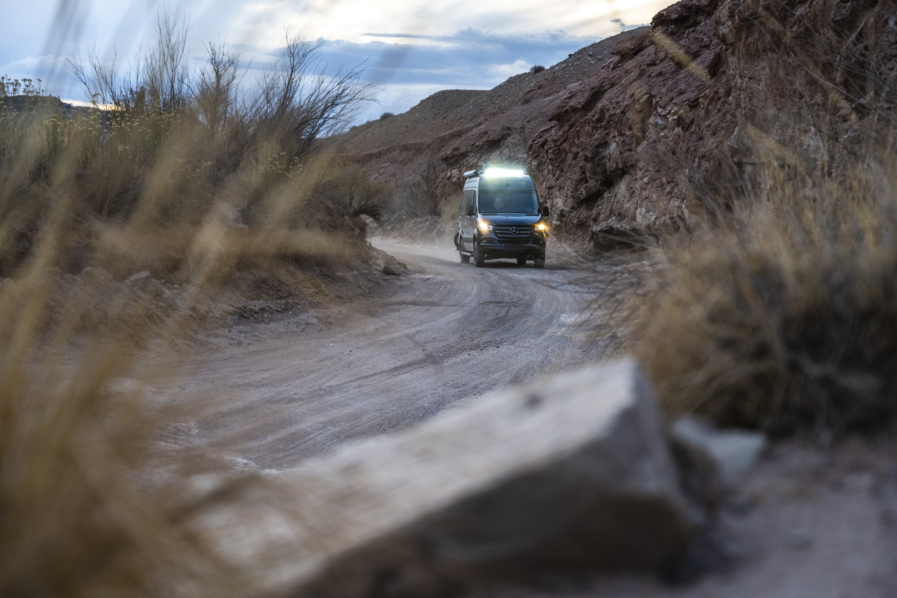 2022 Sanctuary Class B RV Sprinter Van - Key Feature Lifestyle LED Light Bar driving shot in utah Kalen thorien shoot