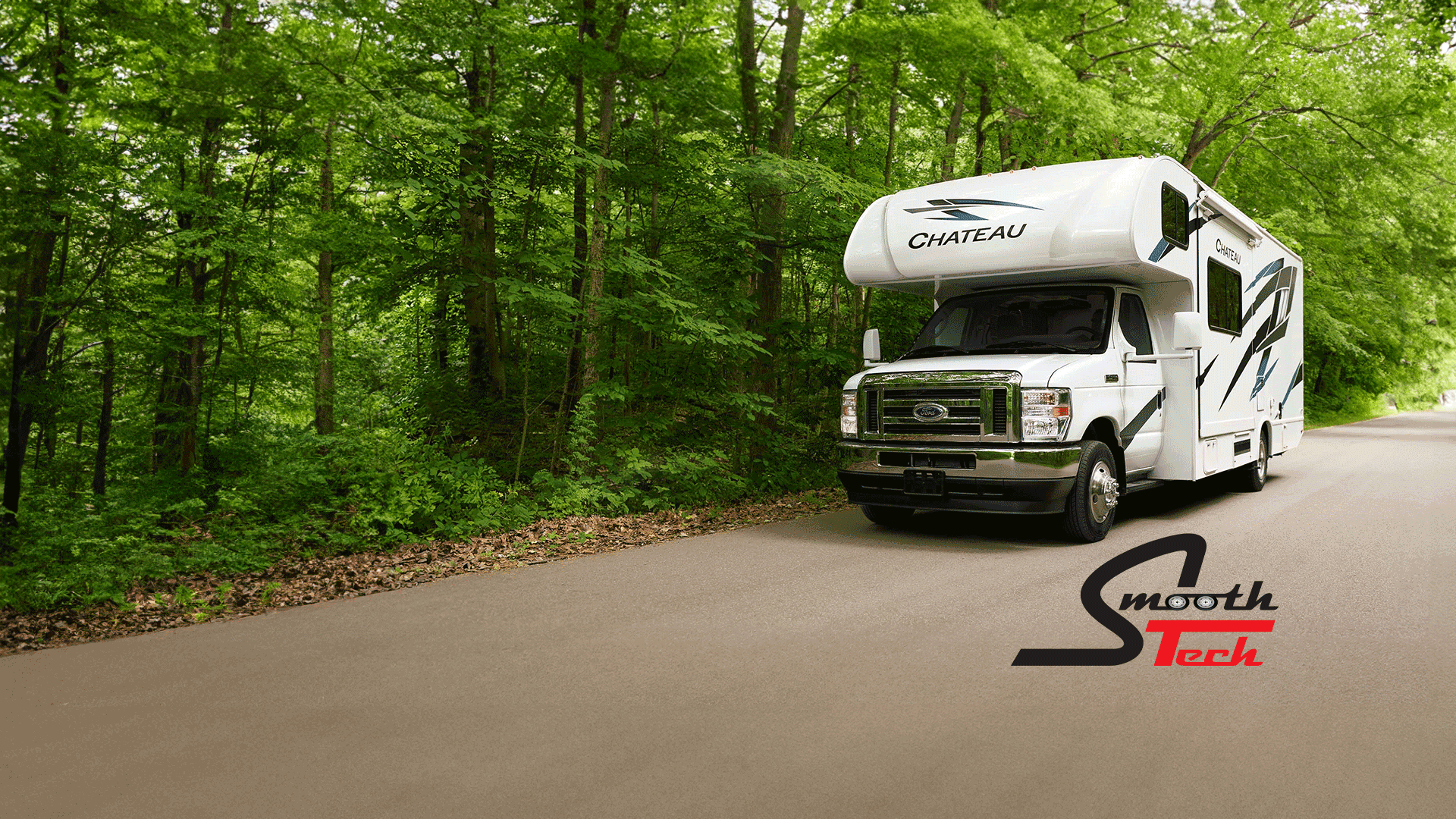 Chateau driving in woods with smoothtech logo