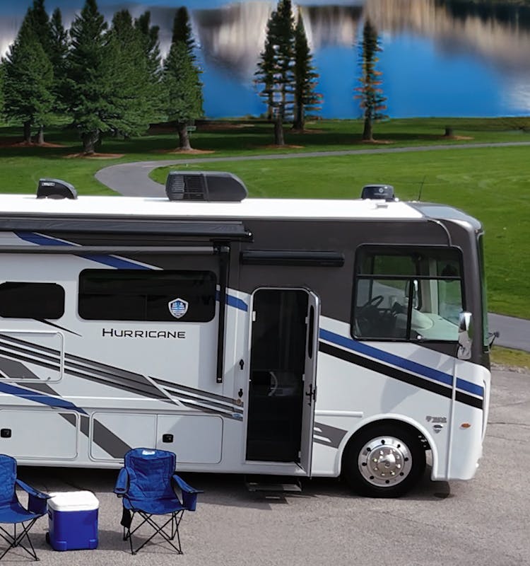 Hurricane class a rv with lake view behind