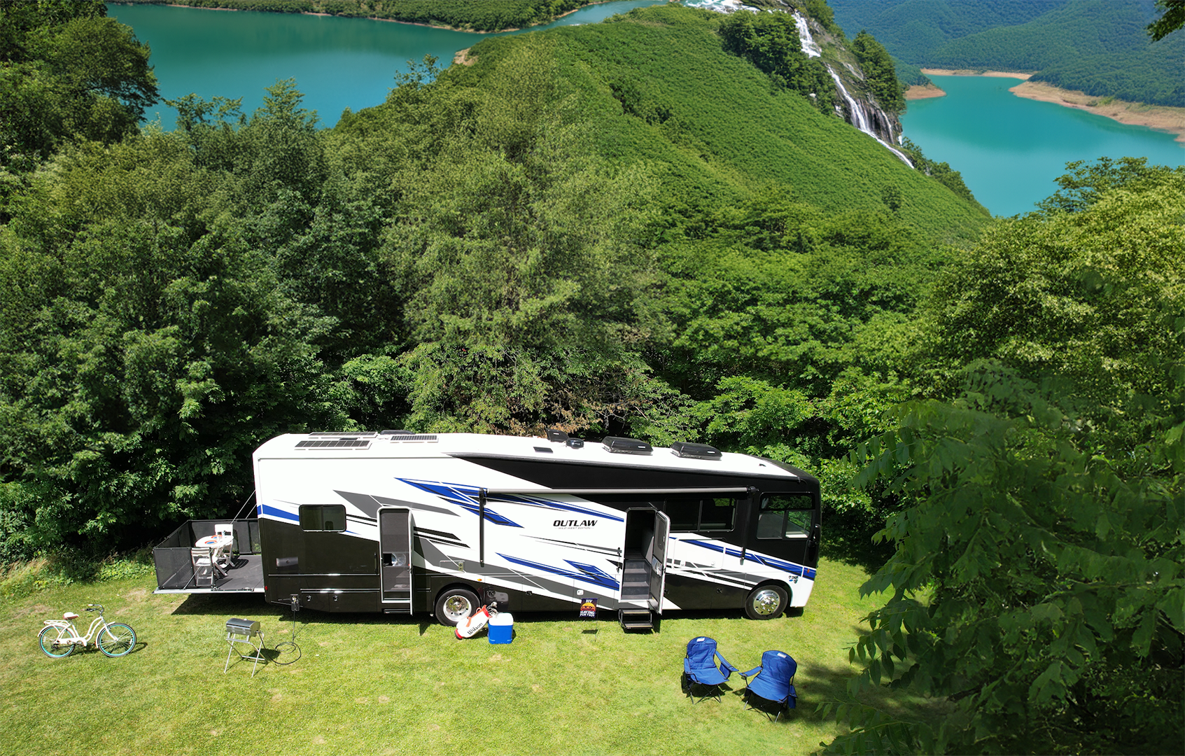 2025 Outlaw Wild West with lake and trees in background