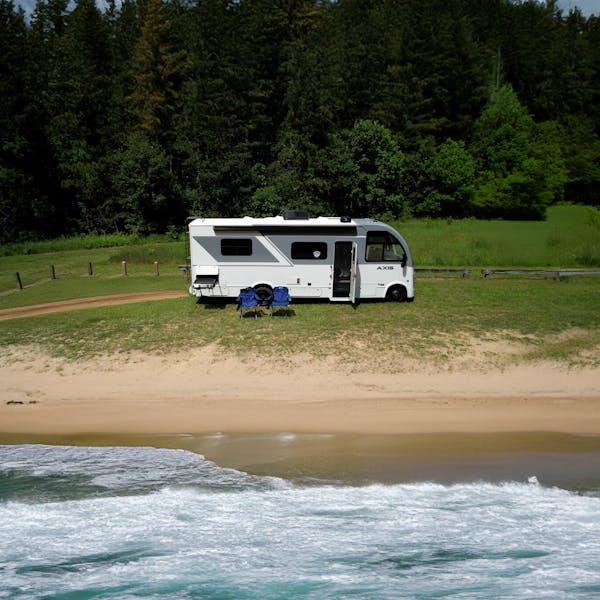 2025 Axis RV with camping spot by beach and woods behind