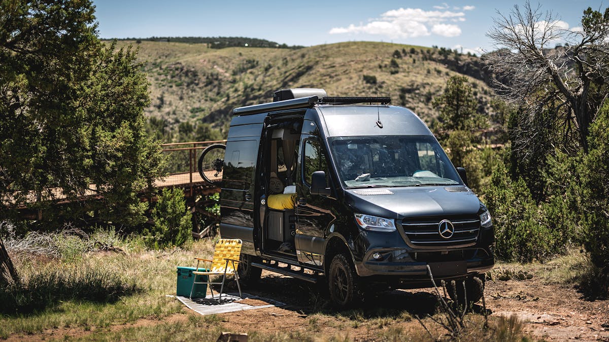 Class B Van lifestyle in Colorado with mountains in background