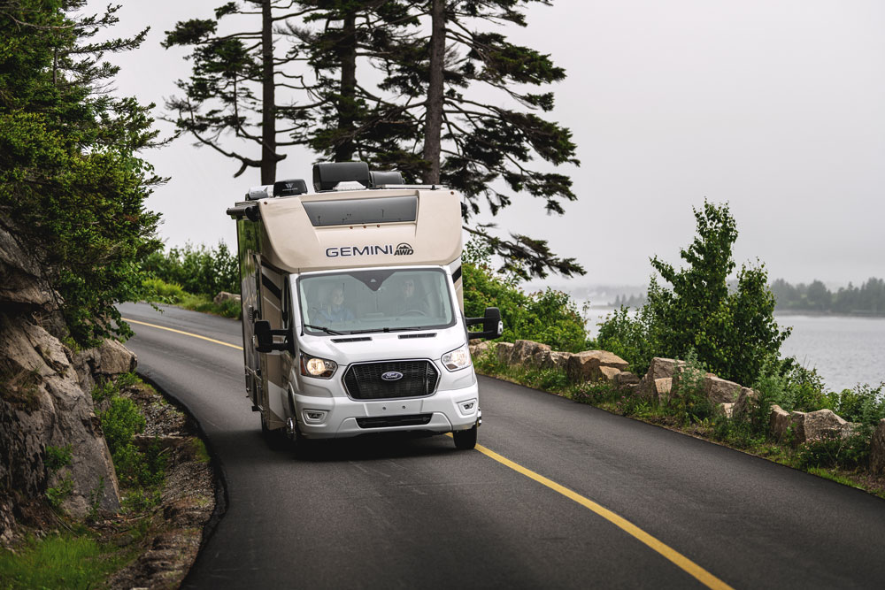 2022 Thor Gemini AWD Class B+ RV Lifestyle Maine Corporate Photo Shoot driving shot