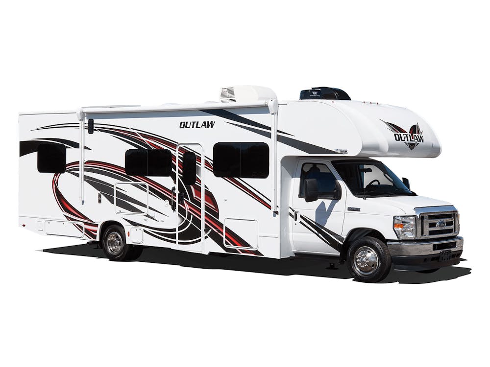 2022 Thor Outlaw Class C Toy Hauler RV White / Rock N Red Exterior social photo