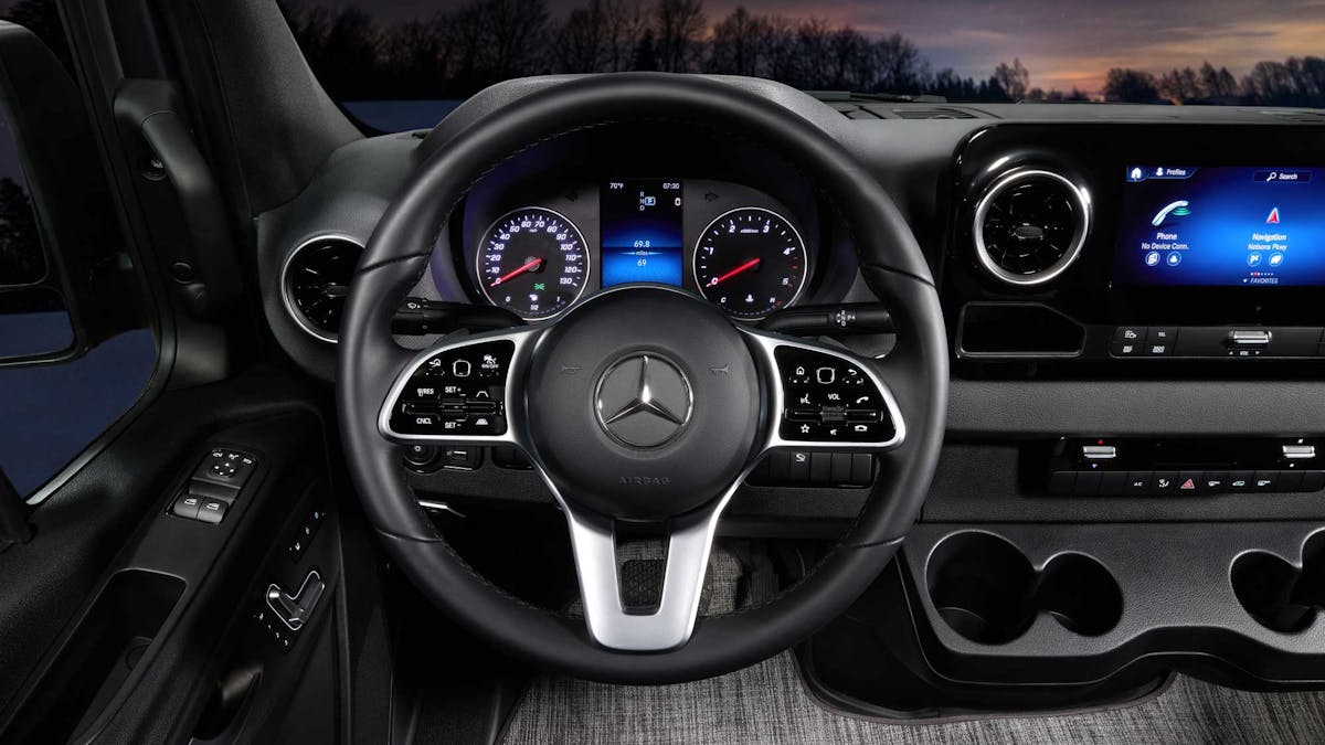 Sanctuary Tranquility Class B RV Sprinter Van with Steering Wheel Cockpit and Dashboard Dash Radio