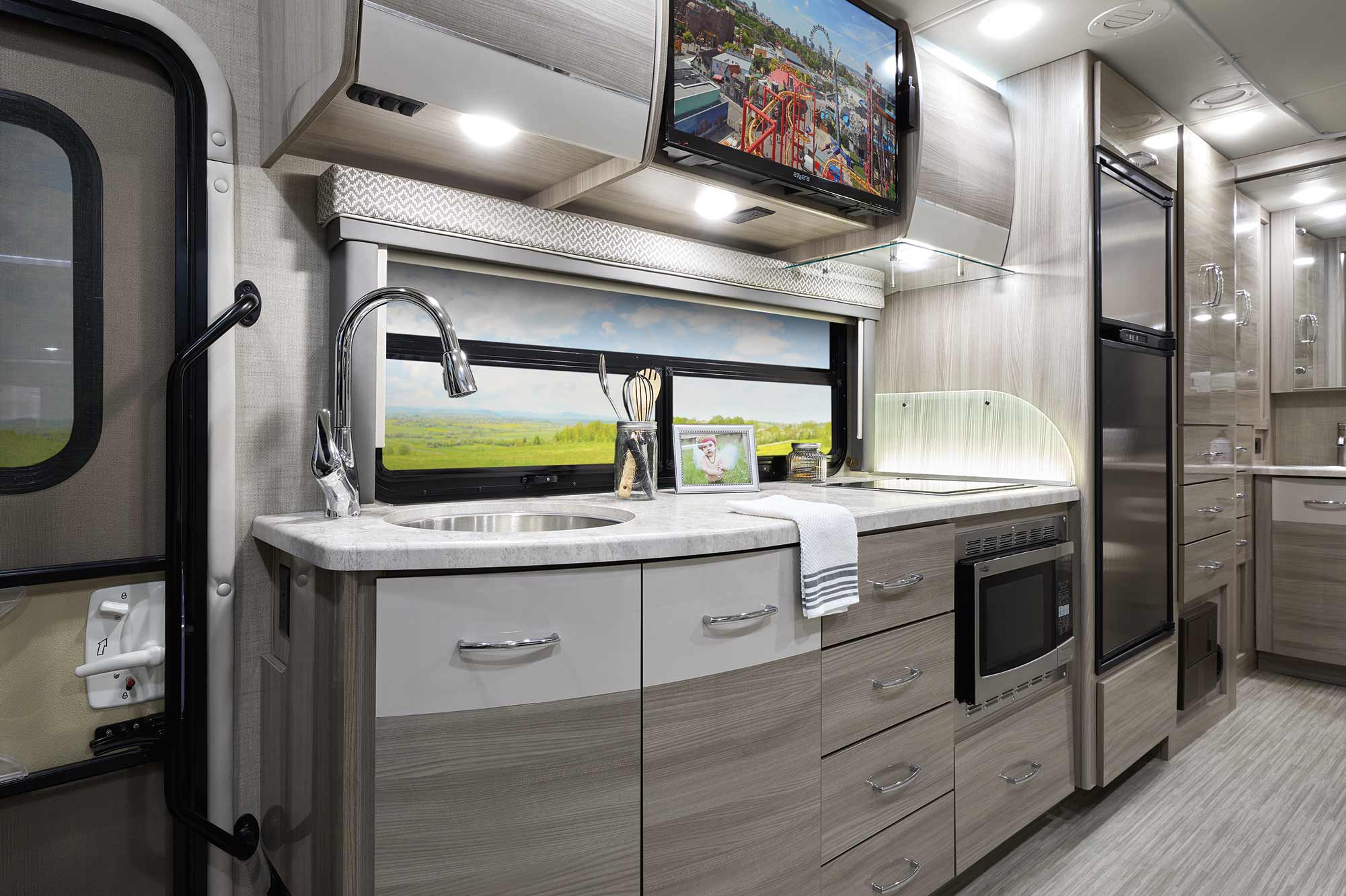 2022 Thor Tiburon Mercedes Sprinter RV 24FB Kitchen - Silver Strand Miami Modern Cabinetry