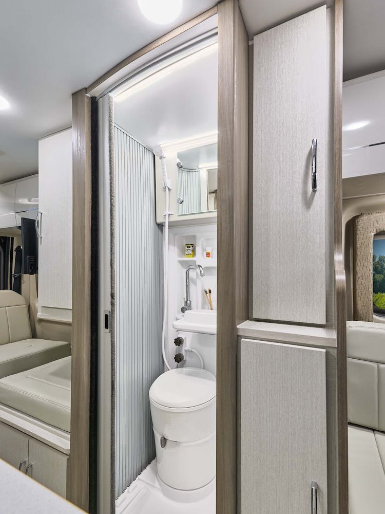 2022 Thor Tellaro Class B RV 20J Bathroom - Crisp Linen Modern White Cabinetry