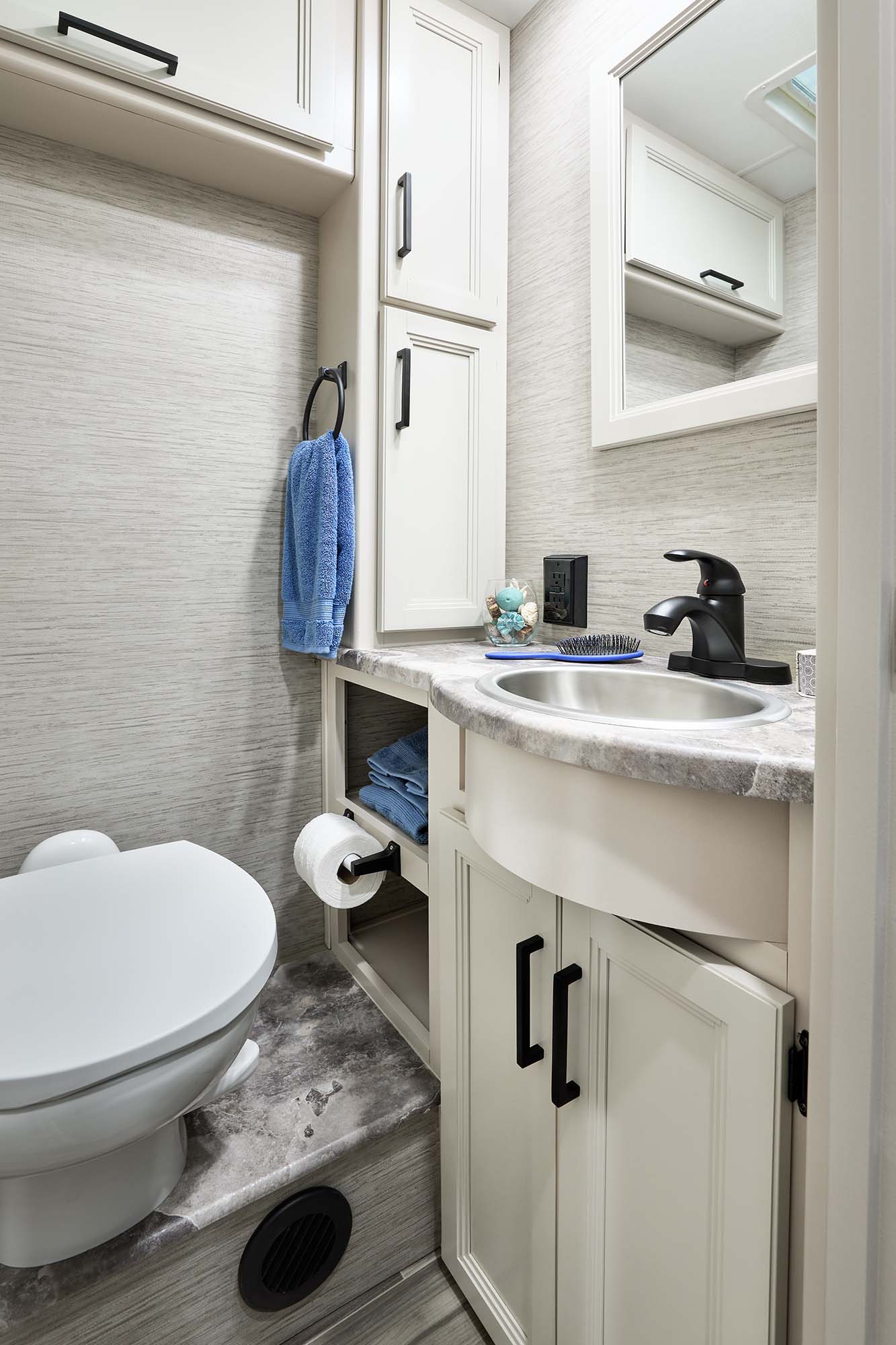 2022 Thor ACE Class A RV 30.3 Bathroom - Home Collection™ Estate Grey Ivory Coast Cabinetry