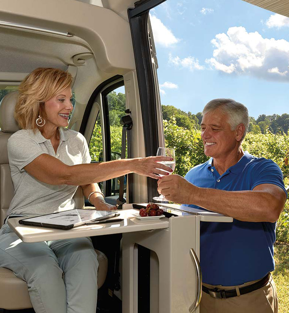 2020 Thor Sequence Class B RV Lifestyle Flip Top Work station swivel captain chair key feature owner testimonial photo