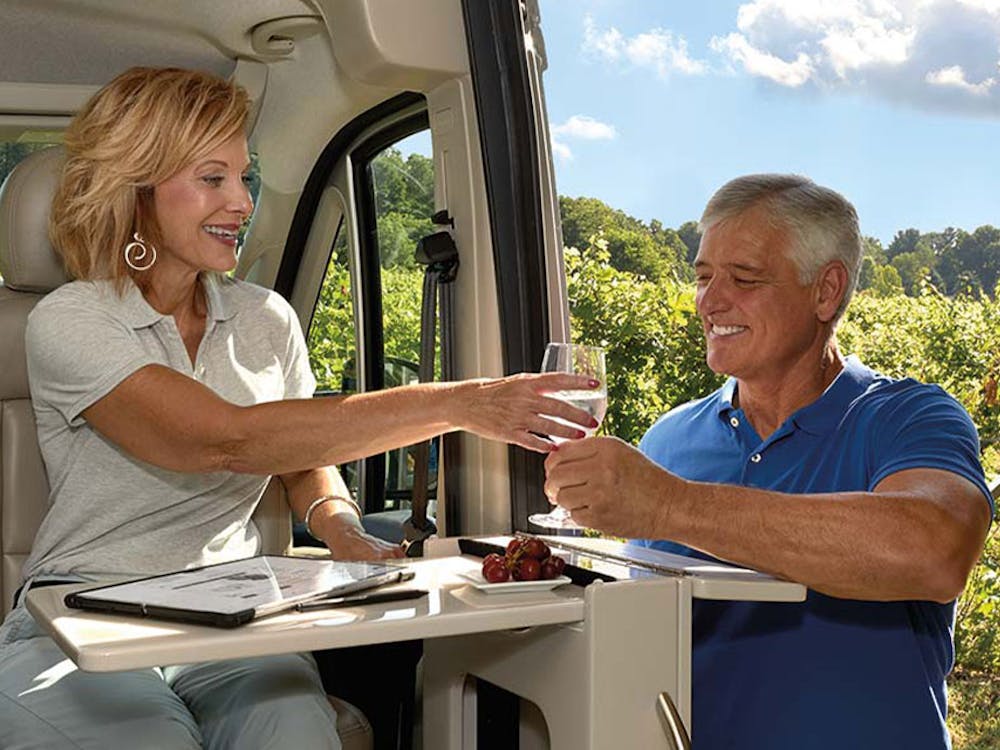 2020 Thor Sequence Class B RV Lifestyle Flip Top Work station swivel captain chair key feature owner testimonial photo