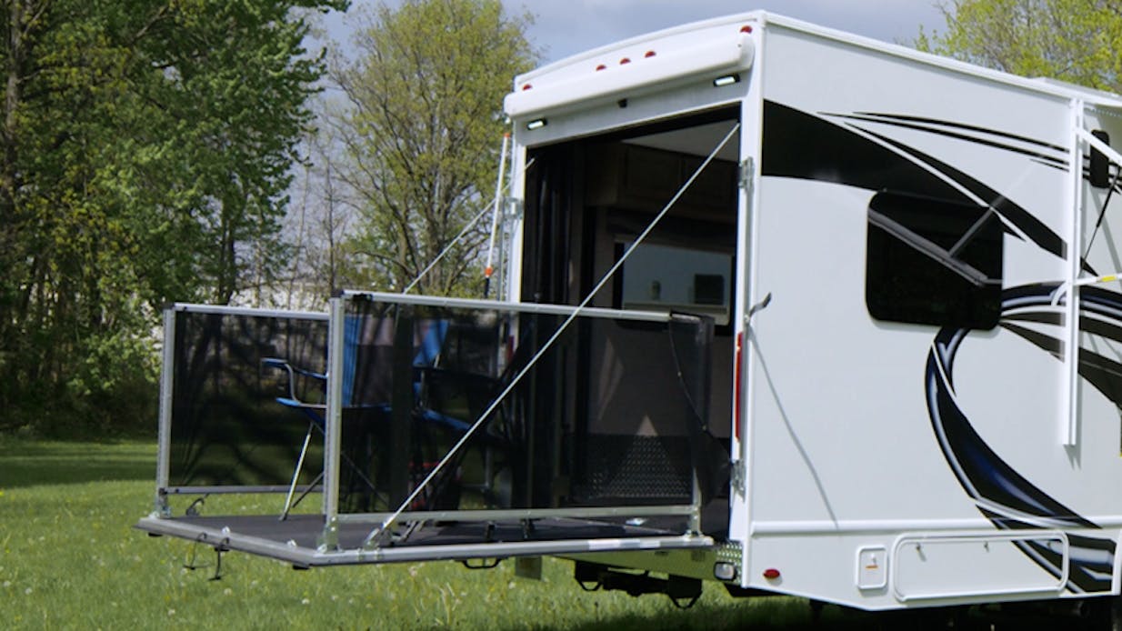 Outlaw Class C toy hauler rv Lifestyle patio down garage