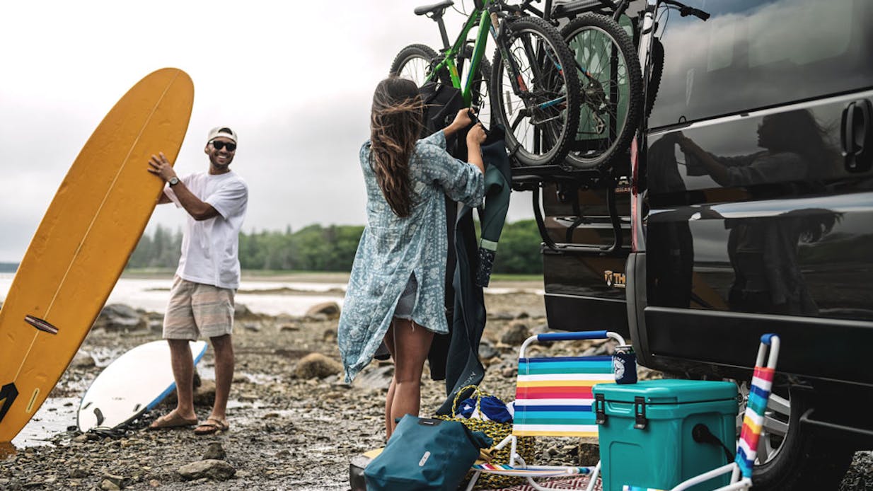 2022 Thor Scope Class B RV Camper Van Lifestyle Maine Corporate photo shoot Thule bike rack on rear door