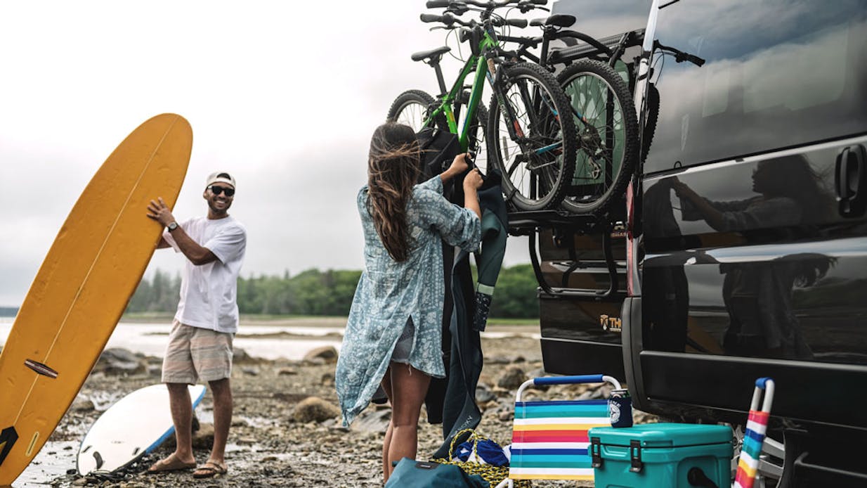 2022 Thor Scope Class B RV Camper Van Lifestyle Maine Corporate photo shoot Thule bike rack on rear door