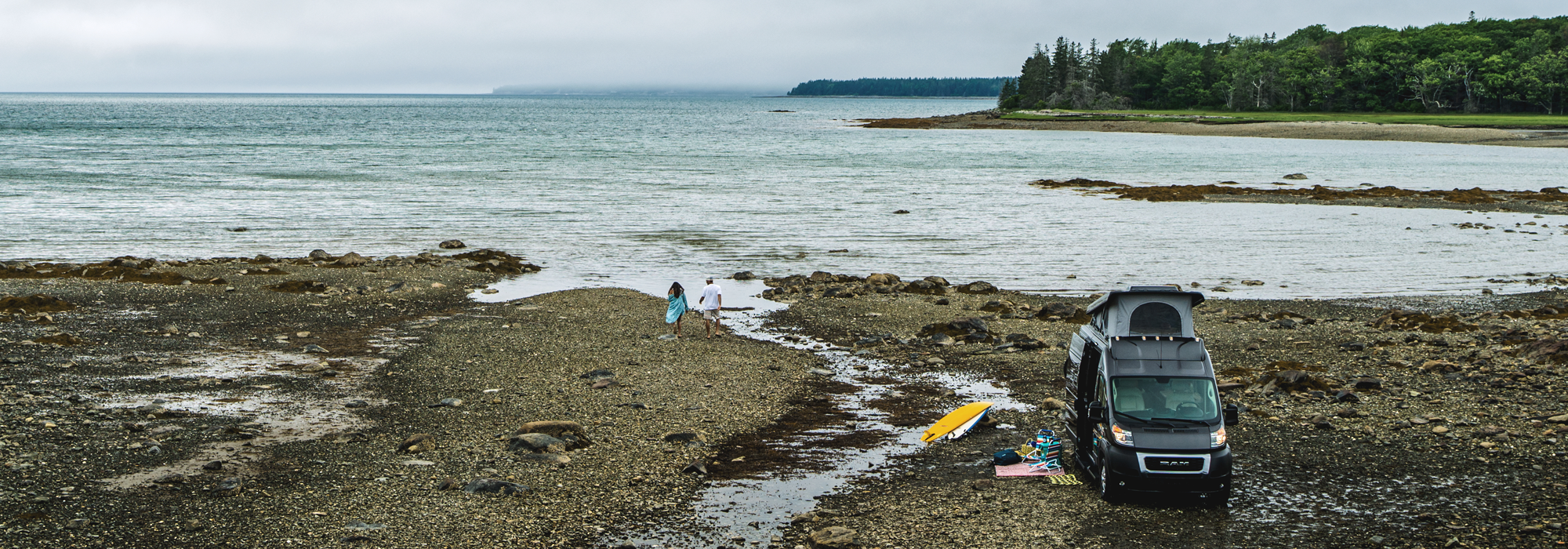 2022 Thor Scope Class B RV Camper Van Lifestyle Maine Corporate photo shoot at campsite drone shot slider size