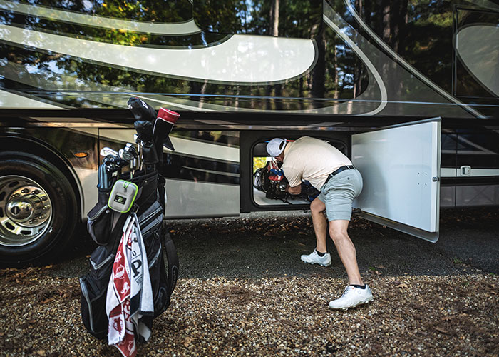 2021 Thor Aria Class A Diesel Pusher RV Lifestyle key feature photo basement pass through storage