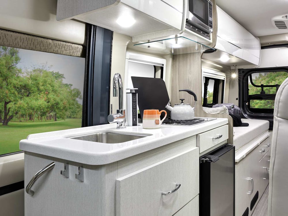 2021 Thor Tellaro Class B RV 20A Kitchen - Crisp Linen Modern White Cabinetry