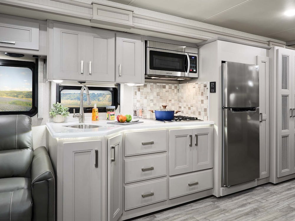 2023 Thor Miramar Class A RV 35.2 Kitchen Moonstone Shell Gray Cabinetry