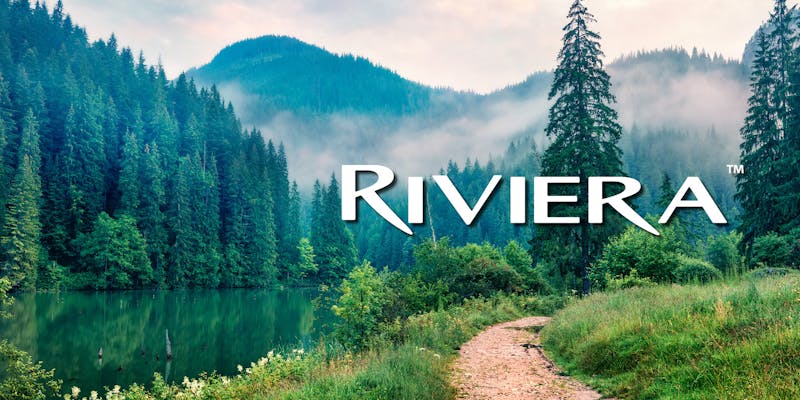Riviera logo with trail in the woods by a river