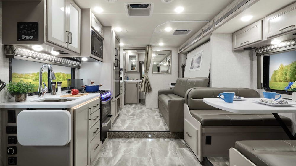 2022 Thor Quantum LC Class C RV LC25 Front to Back - Luxury Collection™ Charcoal Diamond Coastline Grey Cabinetry