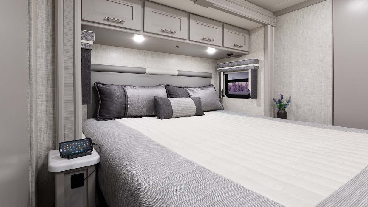 2022 Thor Inception Mega C Diesel RV 38MX Bedroom - Melrose Stone Decor Shell Gray Cabinetry
