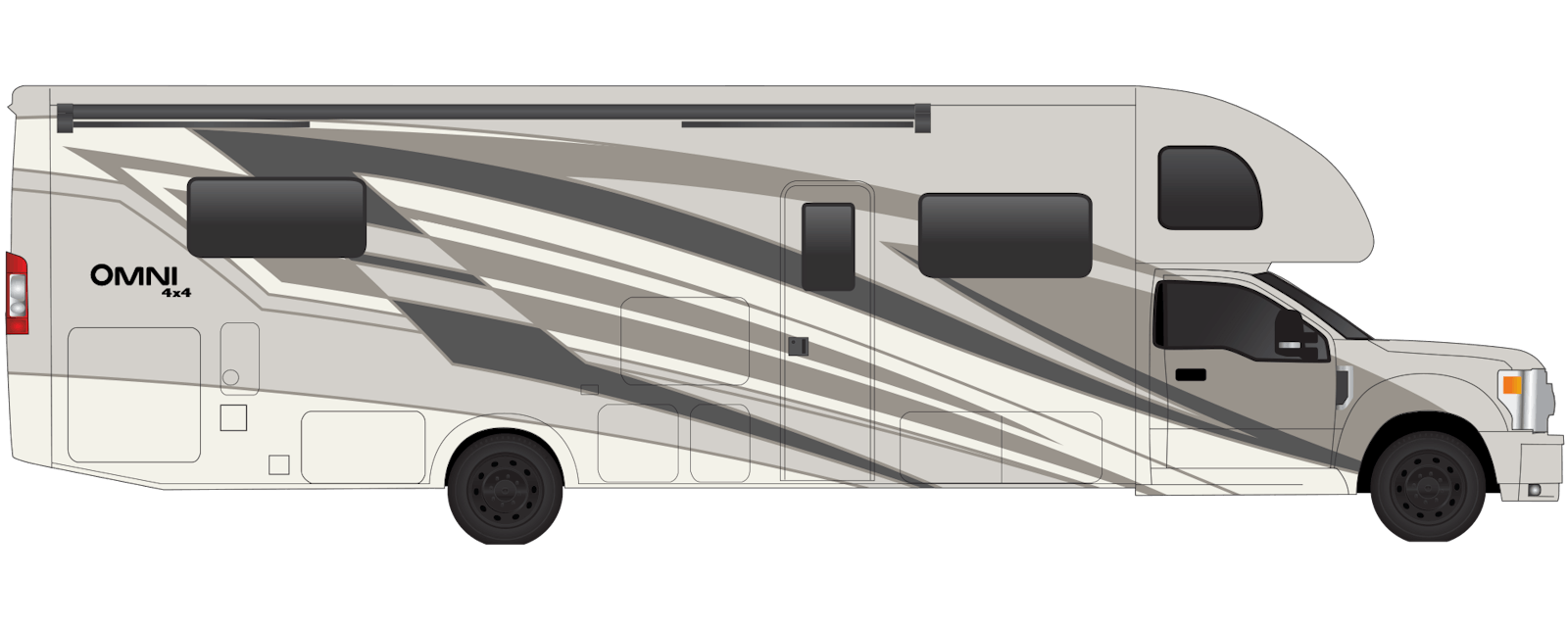 Omni Super C diesel motorhome in westhaven grey and tan exterior