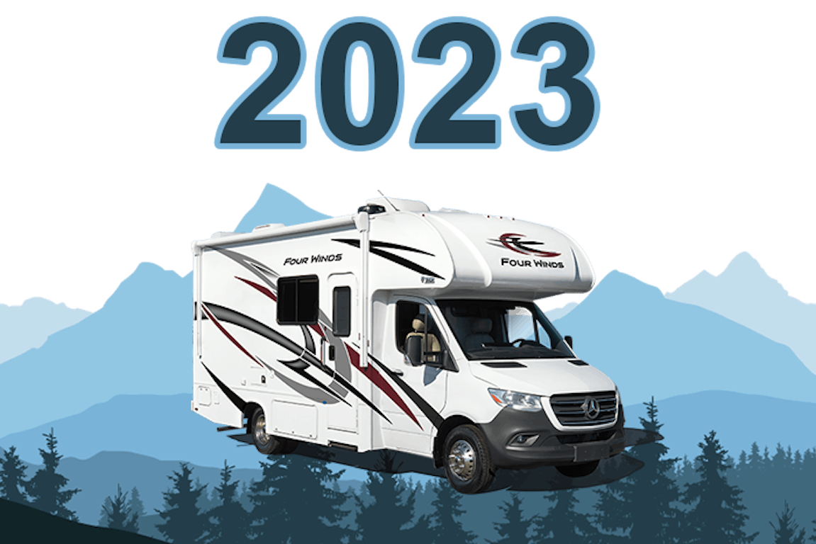 four winds sprinter 2023 exterior with trees and mountains all around
