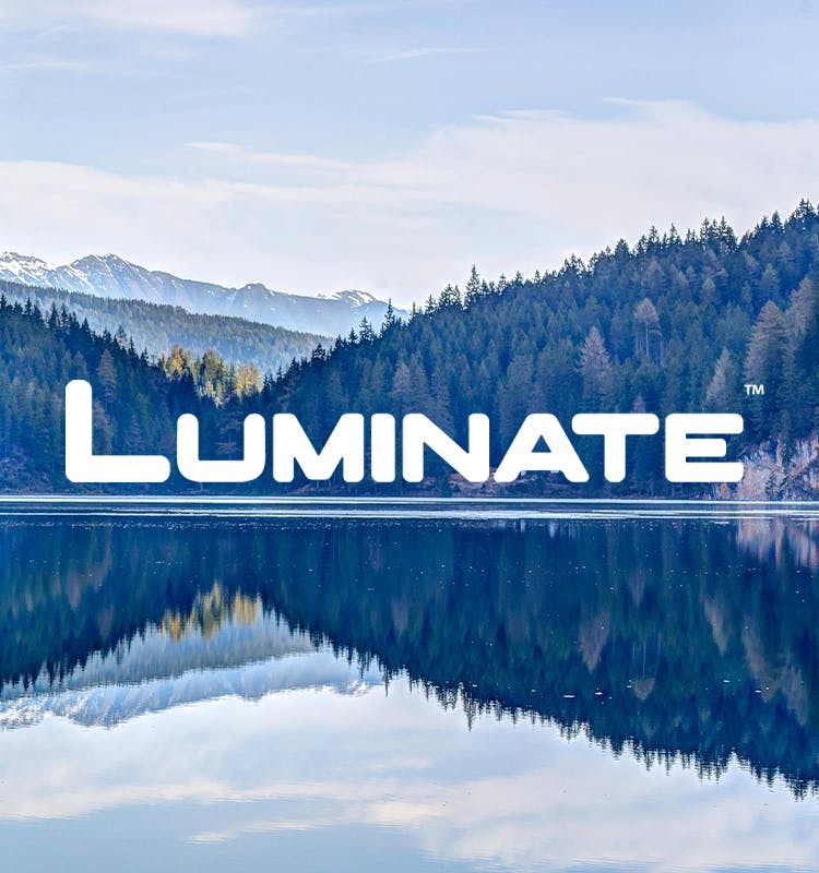 Luminate white logo with trees and lake behind