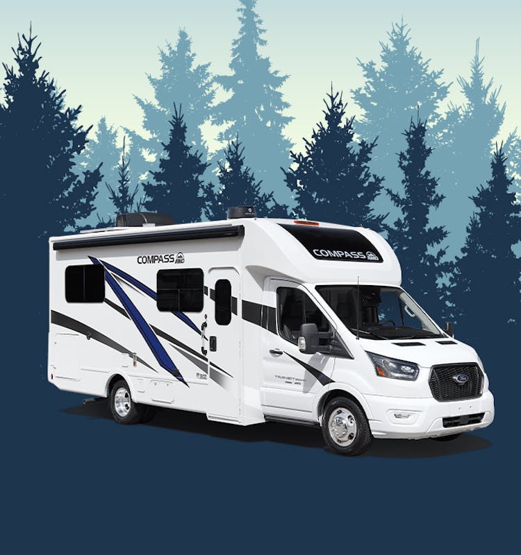 Compass class c rv with blue tree background