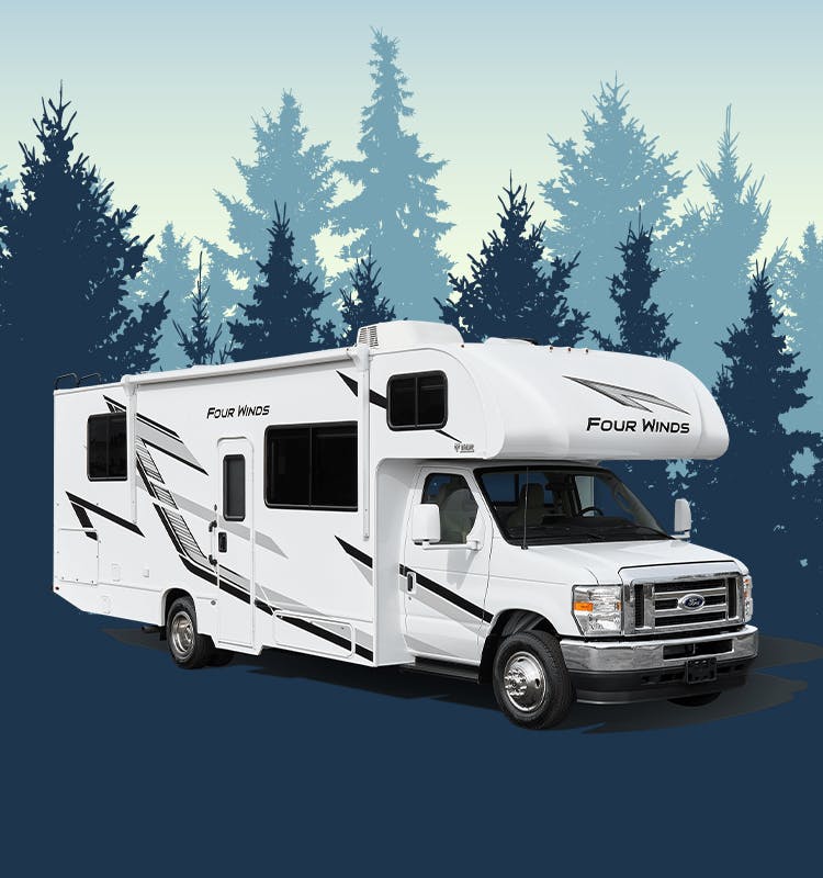 Four winds class c rv with blue trees