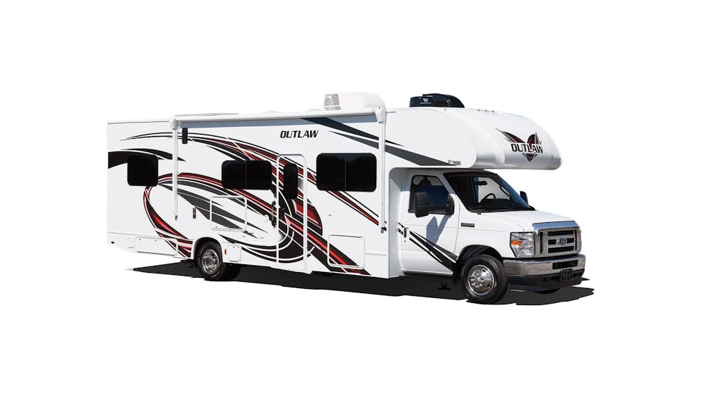 2022 Thor Outlaw Class C Toy Hauler RV White / Rock N Red Exterior social photo