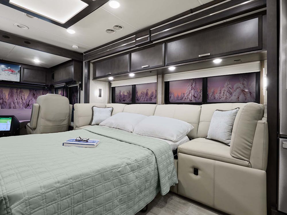 2022 Thor Tuscany Class A Diesel Pusher RV 45BX Chaise Hide-A-Bed Sofa Extended - Studio Collection™ Portofino Regatta Cabinetry