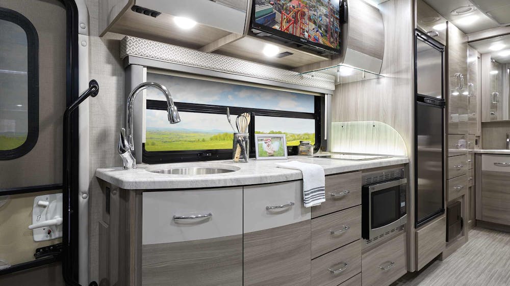 2022 Thor Tiburon Mercedes Sprinter RV 24FB Kitchen - Silver Strand Miami Modern Cabinetry